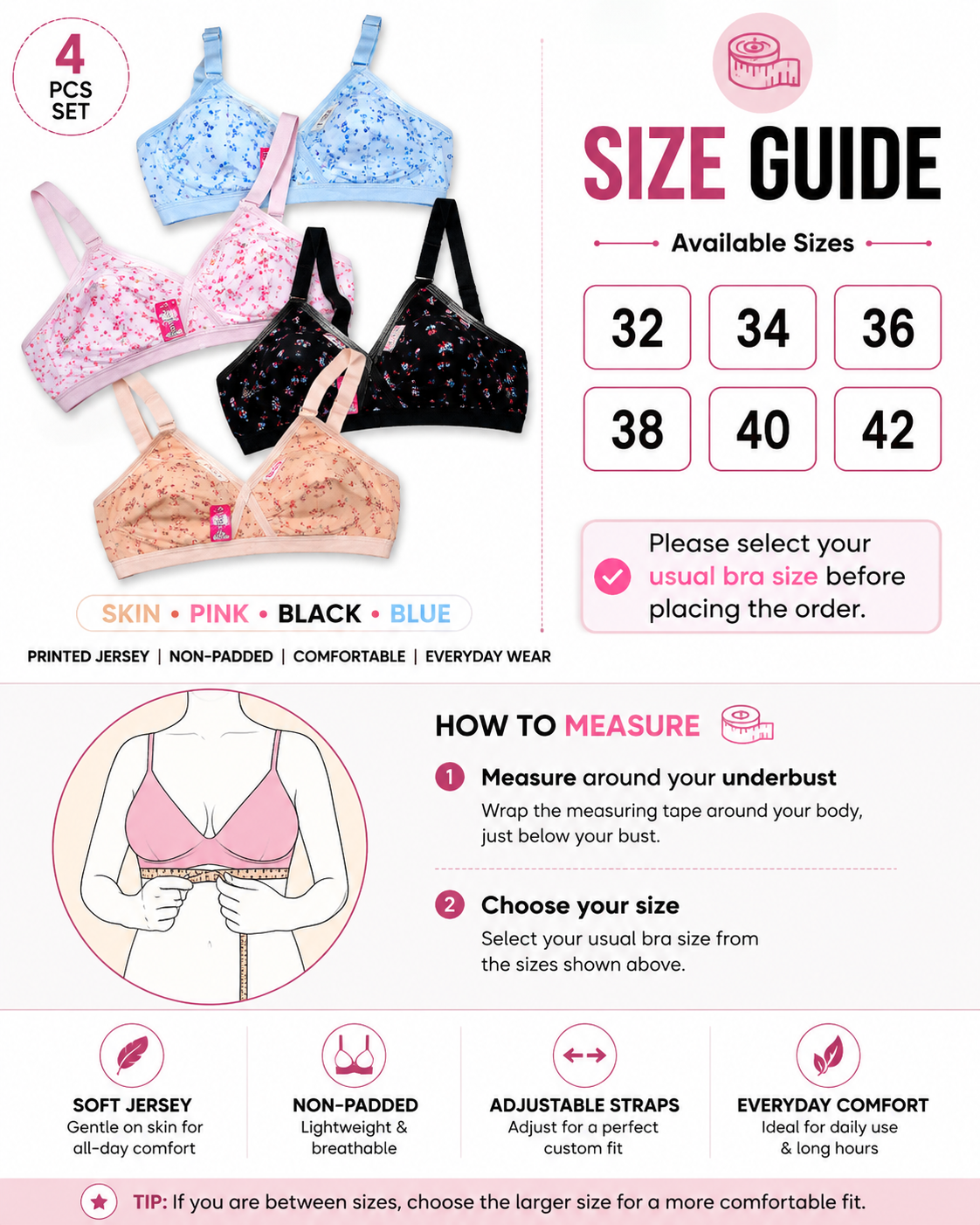 Women's Non-Padded Daily Wear Cotton Jersey Bras 4-Pack