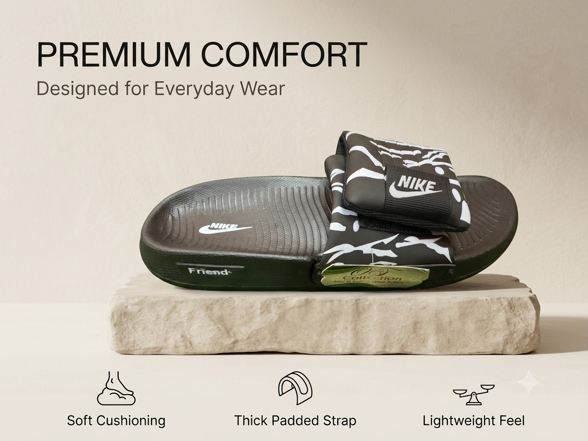 Men's Premium Padded Strap Slides Soft Sole Anti-Slip Slippers Comfortable Casual Summer Sandals Indoor & Outdoor Black